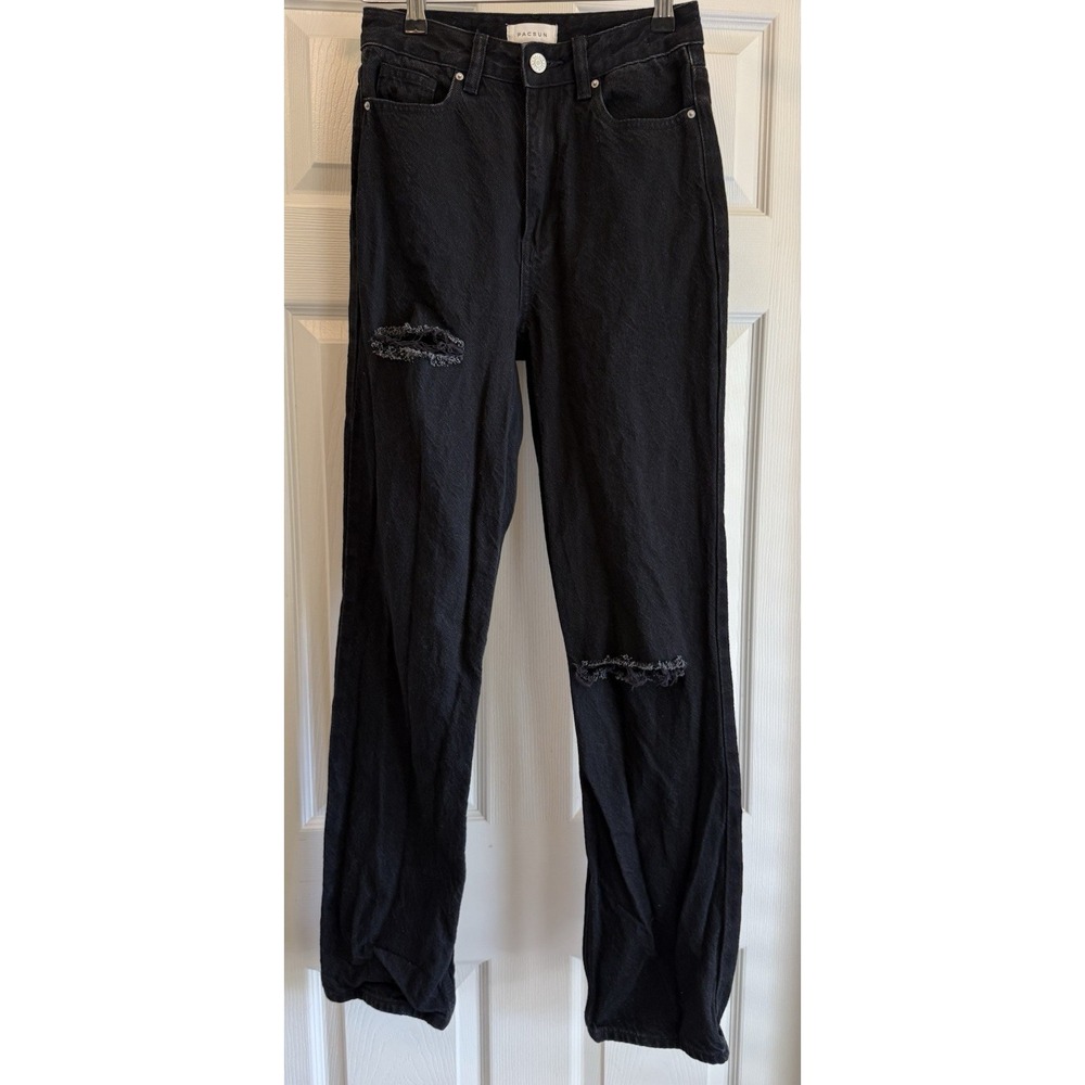 PacSun Distressed Straight Leg Jeans Women 24 Black Ripped High Rise‎ Cotton